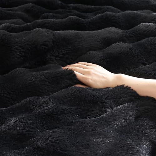 YIKUSH Twin Faux Fur Soft Comforter Set, Fluffy Black Rabbit Fur Comforter