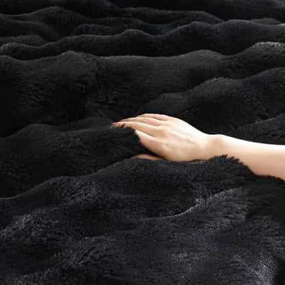 YIKUSH Twin Faux Fur Soft Comforter Set, Fluffy Black Rabbit Fur Comforter