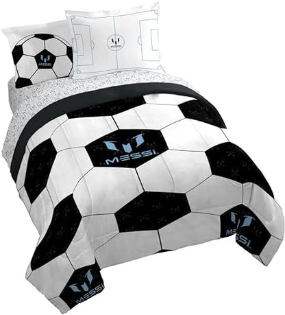 Jay Franco Kids Comforter Set Includes Sheets and Pillow Cover - Soft and Cozy Bed Set for Stylish Room Décor, White - Messi, 7 Piece Queen