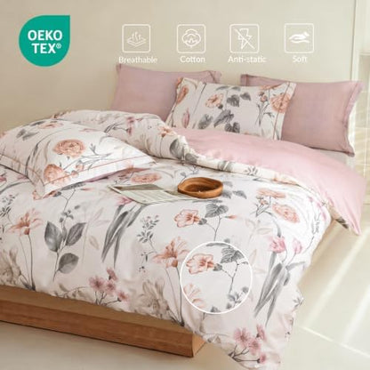 King Comforter Set 3 Pieces, 100% Cotton Vintage Cream Floral Bedding Set for All‑Season, Soft Breathable Comforter with 2 Pillow Shams