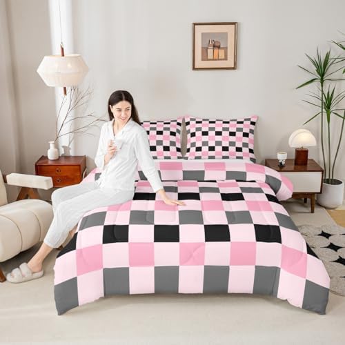 Checkered Geometric Comforter Set All Season Pink Grey Black Plaid Bedding Set with 2 Pillow Cases Checkerboard Modern Aesthetic Kids Queen Bedclothes Reversible Pink Bedroom Decor Duvet Quilt