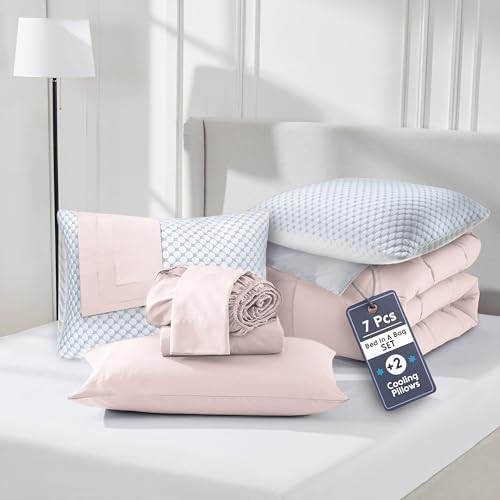 Nestl 9 Piece Queen Comforter Set – Blush Pink Reversible Bed in a Bag – Complete Queen Size Bedding Set with Sheets, Set of 2 Cooling Pillows, Pillowcases and Shams