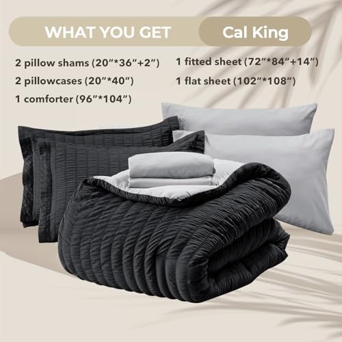 HYMOKEGE Black/Light Grey California King Comforter Set Seersucker 7 Pieces, All Season Luxury Bed in a Bag for Bedroom, Bedding Set with Comforter, Sheets, Pillowcases & Shams