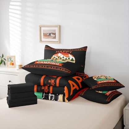 Erosebridal Camper Rv King Size Comforter Set with Sheets Happy Camping Boys 7-Piece Bedding Set Rustic Farmhouse Bed in A Bag Vintage Pine Trees Bed Sets for Kids Teens Youth Men Adult