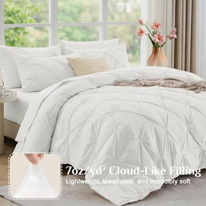 JOLLYVOGUE Twin Comforter Set 5 Pieces - Bed in a Bag Twin for All Season, Pintuck Bedding Comforter Sets with Comforter, Flat Sheet, Fitted Sheet and Pillowcases & Shams, White