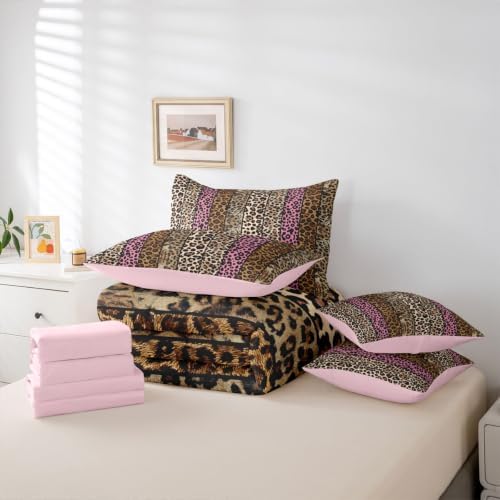 Erosebridal Pink and Brown Leopard Print Twin Size Bedding Set for Men Women Adults - Cheetah Printed 7 Pieces Comforter Set with Sheets Wild Safari Animal Bed in a Bag Modern Leopard Print Bed Sets
