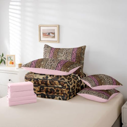 Erosebridal Pink and Brown Leopard Print Twin Size Bedding Set for Men Women Adults - Cheetah Printed 7 Pieces Comforter Set with Sheets Wild Safari Animal Bed in a Bag Modern Leopard Print Bed Sets
