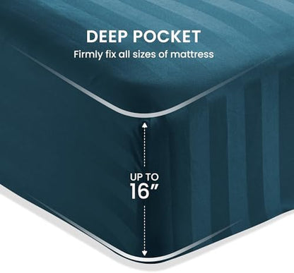 SLEEP ZONE Striped Cooling Twin Sheets Set for Kids - Fitted Flat Sheet & Pillowcase Sets 3 Piece - Super Soft Stripe Bed Sheet, Easy Care, Deep Pocket (Teal, Twin)
