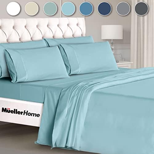 Mueller Ultratemp Bed Sheets Set, Super Soft, 6 Piece California King Sheet Sets, Deep Pocket up to 16", Transfers Heat, Breathes Better, Hypoallergenic, Wrinkle-Resistant, Oeko-TEX, Aqua