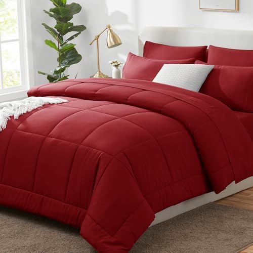 CozyLux Full Size Comforter Sets Dark Red - 7 Pieces Bed in a Bag