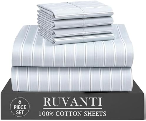 RUVANTI 100% Cotton Percale California King Sheet Set, Horizon Stripes