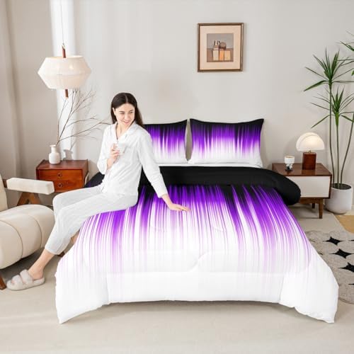 Teens Abstract Ombre Comforter Set Queen Size,Purple Black White Bedding Set for Kids Boys Girls Bedroom Decoration,Gradient Watercolor Bed Duvet Insert,Geometric Comforter with 2 Pillowcases