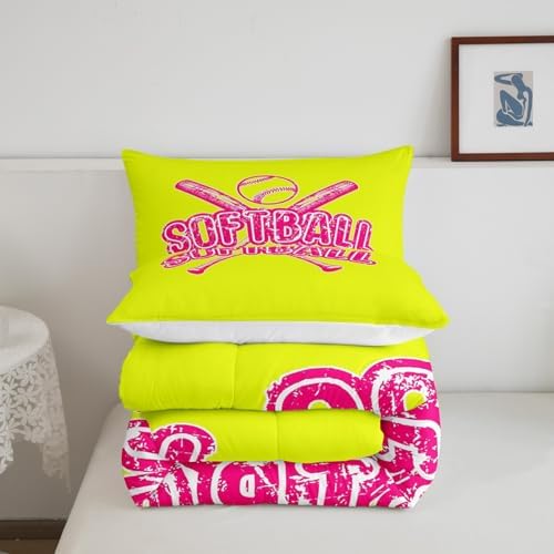 Homewish Softball King Size Comforter Set,Kids Ball Games Theme Decor All Season Bedding Set,Teens Yellow Pink Comforter,Sports Softball Decor Quilt Set Bedroom Collection 3Pcs