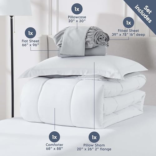 Nestl 7 Piece Twin Comforter Set – White Reversible Bed in a Bag – Complete Twin Size Bedding Set with Sheets, Set of 2 Cooling Pillows, Pillowcase and Sham