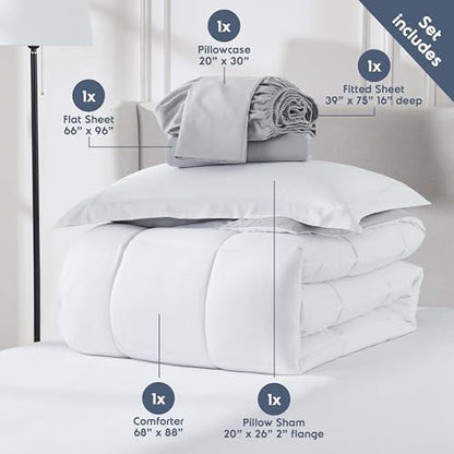 Nestl 7 Piece Twin Comforter Set – White Reversible Bed in a Bag – Complete Twin Size Bedding Set with Sheets, Set of 2 Cooling Pillows, Pillowcase and Sham