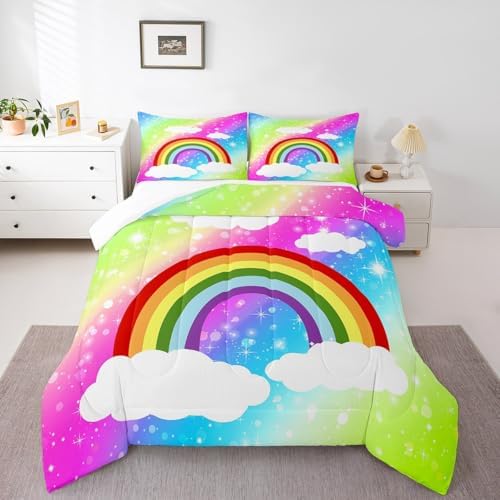 Castle Fairy Rainbow Comforter for Girls Kids,Colorful Gradient Comforter Set Queen Size Home Decor,Soft Starry Sky Bedding Set,Kawaii Teens Bedroom Down Duvet,1 Comforter with 2 Pillowcases