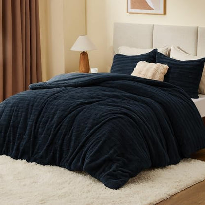 BEDELITE Faux Fur King Size Comforter Set, Fluffy Bed Set, Navy