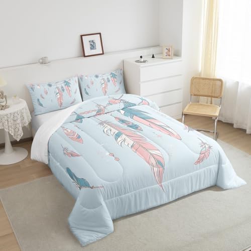 Homewish Teens Blue Pink Feathers Comforter Set Queen Size,Bohemian Style Bedding Set for Kids Boys Girls Bedroom Decoration,Tribe Exotic Bed Duvet Insert,Dreamcatcher Comforter with 2 Pillowcases