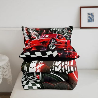 Toddler Race Car Bed for Boys,Red Neon Lights Honeycomb Toddler Bedding Sets for Boys Cool Sports Car Glitter Beehive Geometric Hexagon Comforter Set,Black White Grid Quilt Buffalo Plaid Decor
