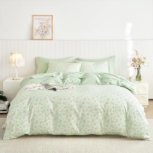 Wake In Cloud - Floral Comforter Set with Sheets, Coquette Cottagecore Aesthetic Flower Shabby Chic Pattern for Women Teen Girls, 5 Pieces Bed in a Bag, Green Pink, Twin Size