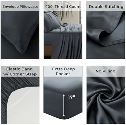 Split King Size Sheet Set | 2 Fitted Sheets for Sleep Number & Adjustable Beds | Organically Grown | Ultra Soft & Cooling |100% Viscose | 17" Deep Pocket [Charcoal Grey]