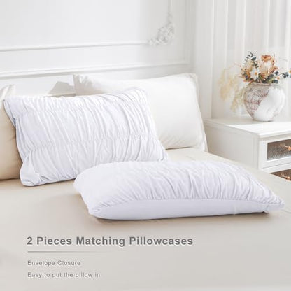 Masaca White Oversized King Comforter Set 120x120,Ruched Ruffle California King Bed Comforter Set Shabby Boho Chic Microfiber Extra Large Bedding Comforter 3PCS