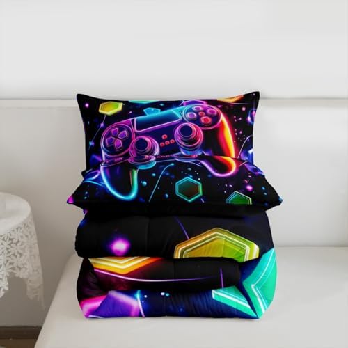 Castle Fairy Boys Gaming Reversible Comforter Set Queen Size,Video Games Gamepad Print Bedding Set Gamer Room Decor,Space Galaxy Glow Neon Hexagon Polyester Duvet Set with 2 Pillowcases (Purple Blue)