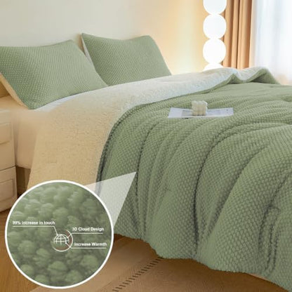 LLanCL 3D Jacquard Design Comforter Set, Ultra-Soft Warm King Size Sherpa Fur Plush 3-Pieces Sets Luxury Cozy Bedding with 2 Pillowcases (104"x90", Sage Green)