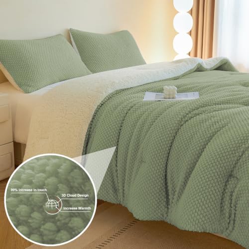 LLanCL 3D Jacquard Design Comforter Set, Ultra-Soft Warm Twin Size Sherpa Fur Plush 2-Pieces Sets Luxury Cozy Bedding with 1 Pillowcase (68"x90", Sage Green)