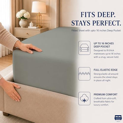 Cottingon 4 PC Cal King Sheets Fits 16" Deep, Egyptian Cotton, Light Grey
