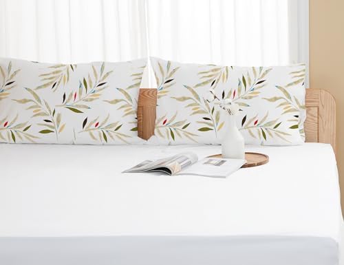 Pillow Cases Standard Queen Cotton Percale Set of 2, Green Leaves