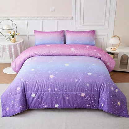 3PCS Girls Comforter Sets Full,Galaxy Bedding Set,Pink and Purple Bedding Set,Full Comforter Set for Girls