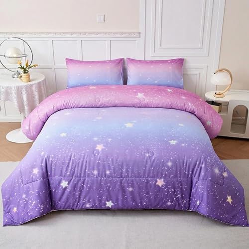 3PCS Girls Comforter Sets Queen,Galaxy Bedding Set,Pink and Purple Bedding Set,Queen Comforter Set for Girls