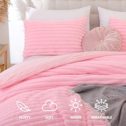 Smoofy Fluffy Full Size Comforter 3 PCS - Pink Fleece Bedding Set