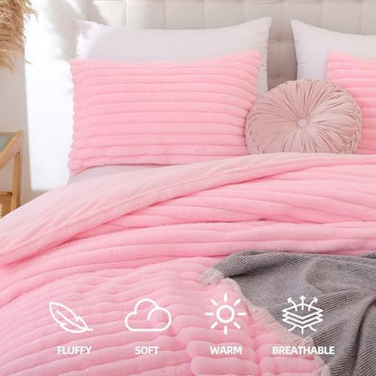 Smoofy Fluffy Twin Size Comforter 2 PCS - Pink Fleece Bedding Set