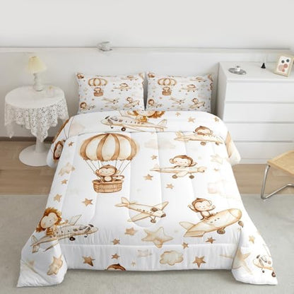 Erosebridal Kids Aircraft Comforter Set Full, Cartoon Airplane Bedding Set, Hot Air Balloon Star Cloud Quilt, Cute Monkey Lion Wildlife Comforter for Boys Girls Teens Adults Bedroom