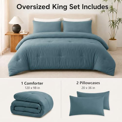 CozyLux Oversized King Comforter Set, 3 Pieces Mineral Blue Quilted Bedding