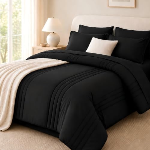 Queen Comforter Set with Sheets, 7-Piece Bed in a Bag Queen Black
