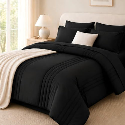 Queen Comforter Set with Sheets, 7-Piece Bed in a Bag Queen Black