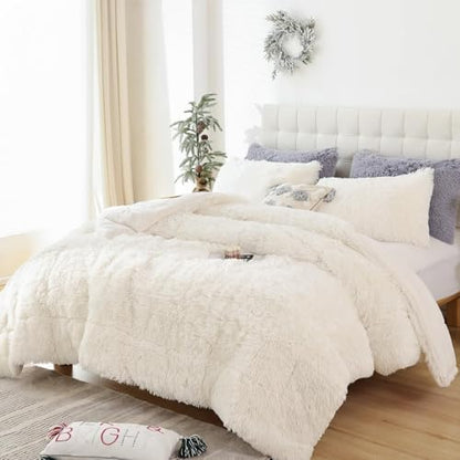 Smoofy Fluffy Queen Comforter Set, Beige Faux Fur Comforter Set 3 Pieces