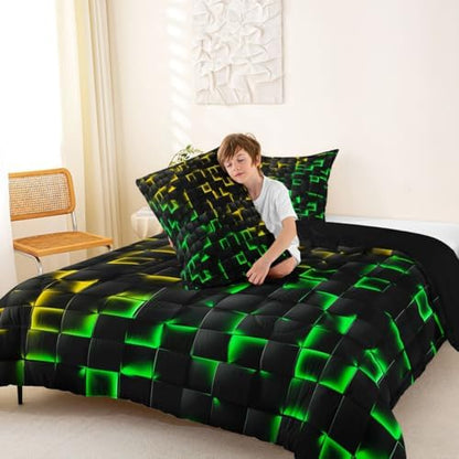 Erosebridal Geometric Checkered Comforter Set Toddler Neon Yellow Green Bedding Set for Kids Boys Teen Gamer Room Decor,Abstract Ombre Plaid Comforter Grids Quilt Duvet Black