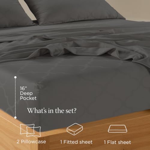 Threadmill 300TC Cotton Queen Sheet Set, Sateen, Jacquard Damask, Dark Grey