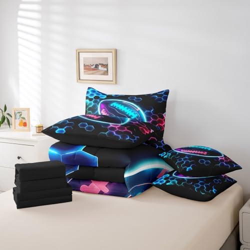 Erosebridal Rugby Sports Comforter Sets with Sheets - Football Bedding Set Full for Boys Girls Honeycomb Hexagon 7Pcs Bed in A Bag, Colorful Neon Lights Bed Set