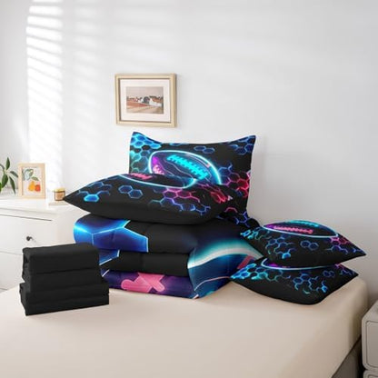 Erosebridal Rugby Sports Comforter Sets with Sheets - Football Bedding Set Full for Boys Girls Honeycomb Hexagon 7Pcs Bed in A Bag, Colorful Neon Lights Bed Set
