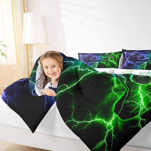 Gamer Comforter Set Gaming Full Size Bedding Sets, Game Boy Games Comforter Blue Green Lightning Bed Set,Kids Room Decor