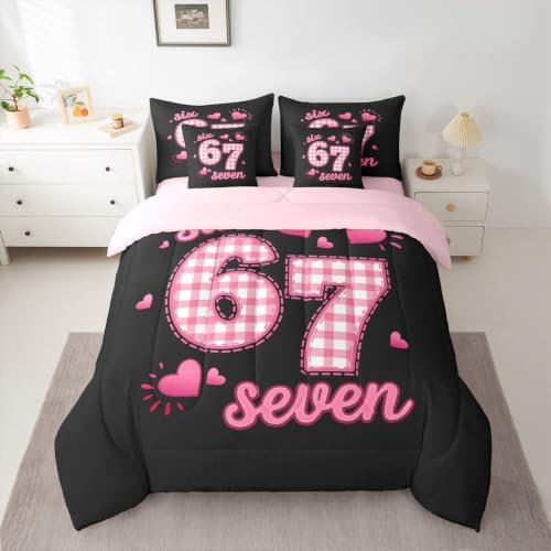 Erosebridal Pink Plaid 67 Girls Twin Bedding Set 7 Piece Cute Kawaii Princess Bed in A Bag with Sheets Romantic Coquette Comforter Set for Kids Teen Women,Girly Fashion Number Print Bed Set