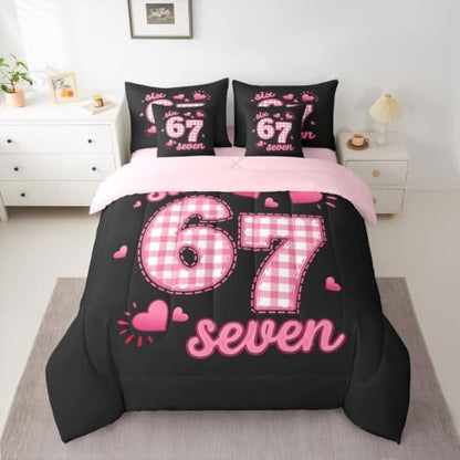 Erosebridal Pink Plaid 67 Girls Twin Bedding Set 7 Piece Cute Kawaii Princess Bed in A Bag with Sheets Romantic Coquette Comforter Set for Kids Teen Women,Girly Fashion Number Print Bed Set