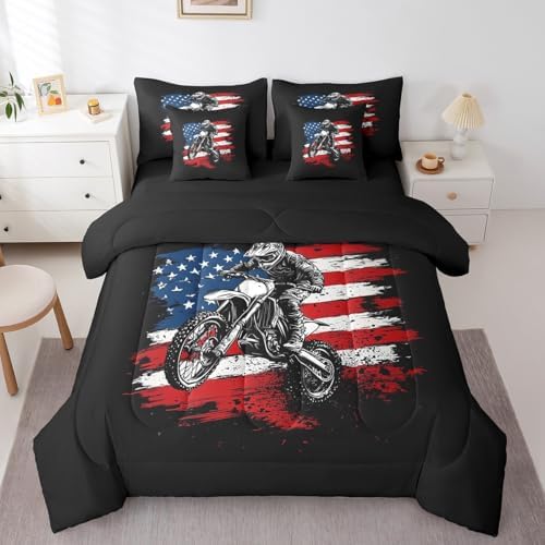 Erosebridal Motorcycle 7 Piece Bedding Set Twin Size,American Flag Bed in a Bag,Extreme Sports Bed Set Includes Comforter, Sheet Set, Pillowcases & Pillow Covers All Season Bedroom Decor
