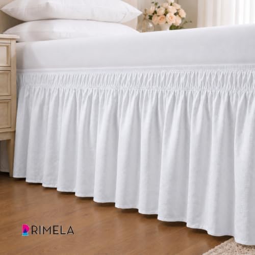 White Jacquard Bed Skirt Queen 15" Drop, Elastic Wrap Around Bedskirt