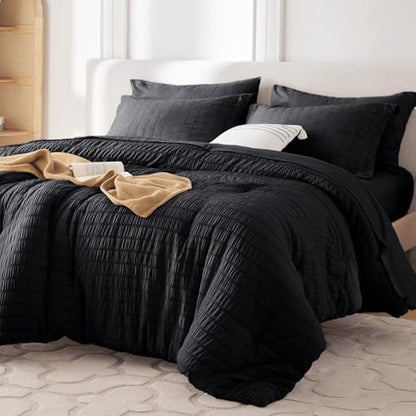 MUXHOMO 7 Pieces Oversized Queen Comforter Set, Seersucker Bed in a Bag Oversized Queen Size, All Season Luxury Bedding Set with Comforter, Flat Sheet, Fitted Sheet, Pillowcases & Shams, Black